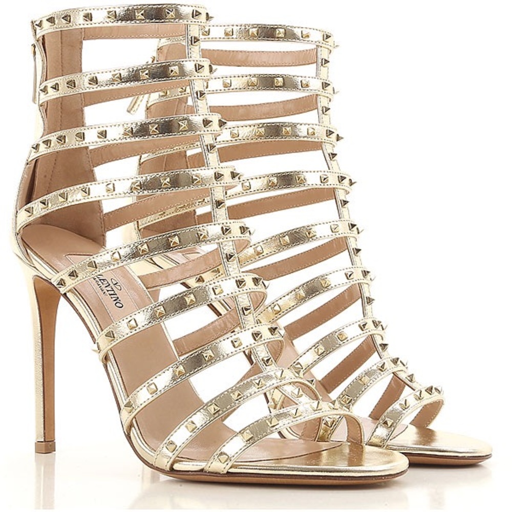 Valentino Metallic Leather Rockstud Heeled Sandal